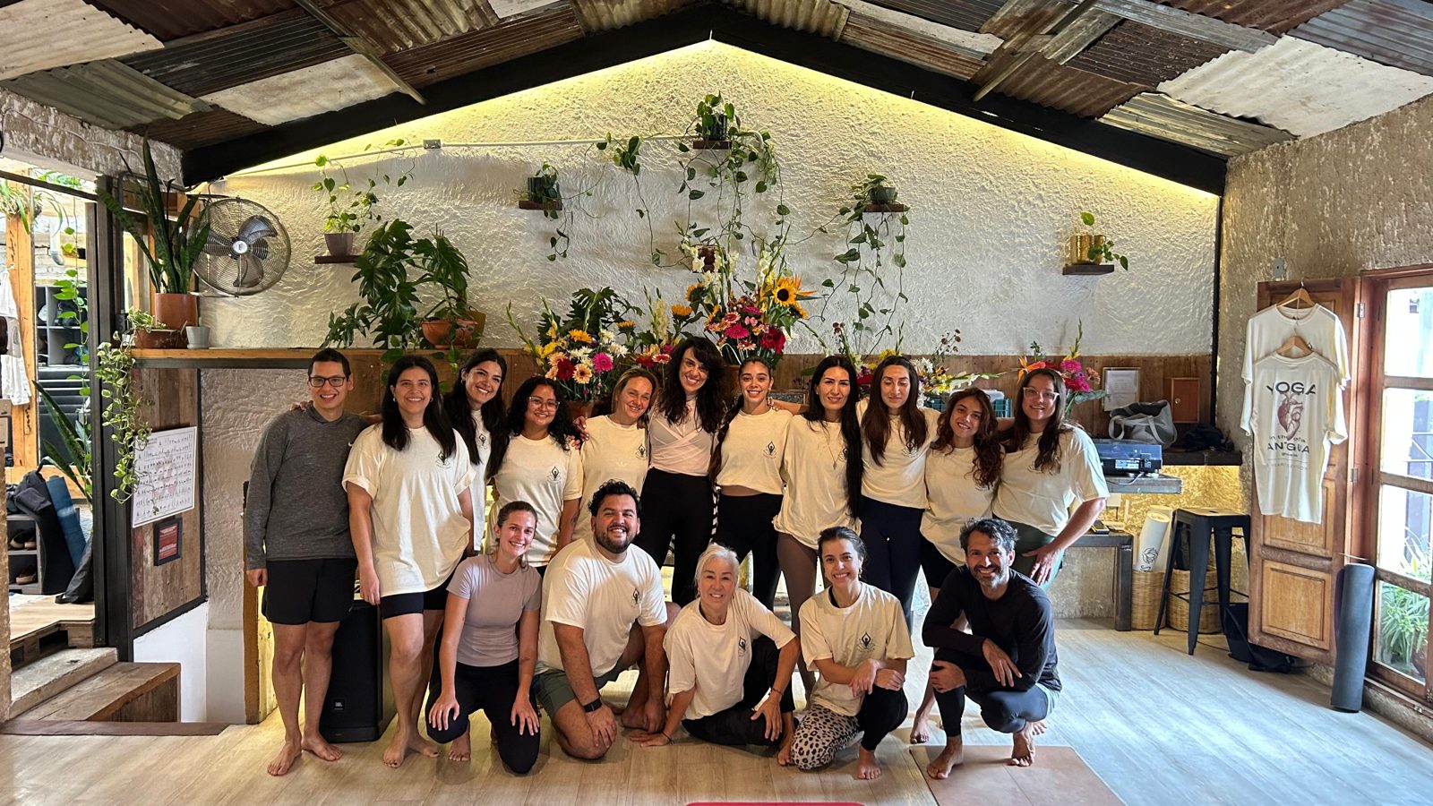 Irene del Valle with her yoga community at her studio in Antigua Guatemala